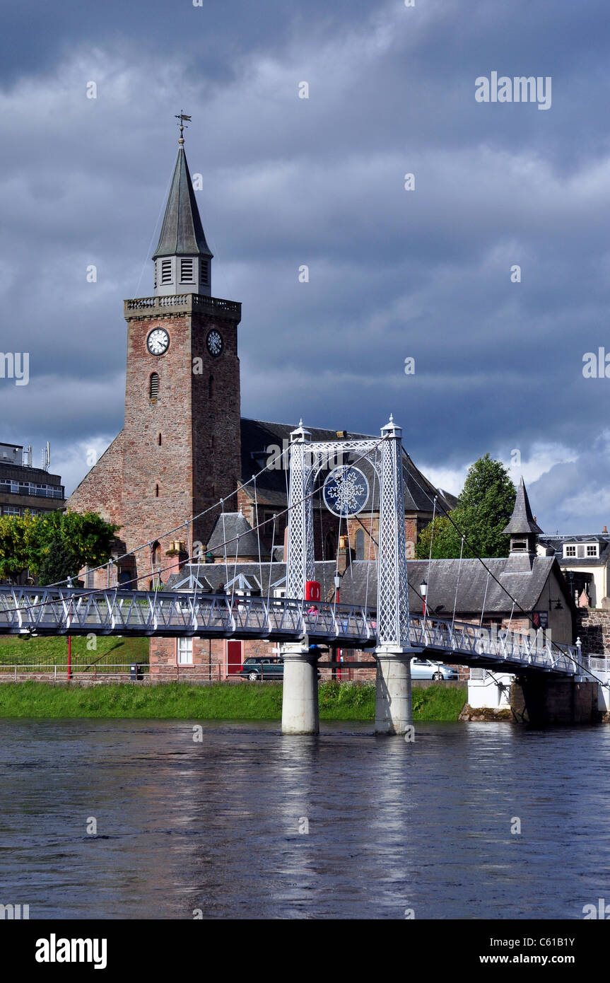 The Old High Church and suspension Bridge over River Ness, Inverness, Scotland. Stock Photo