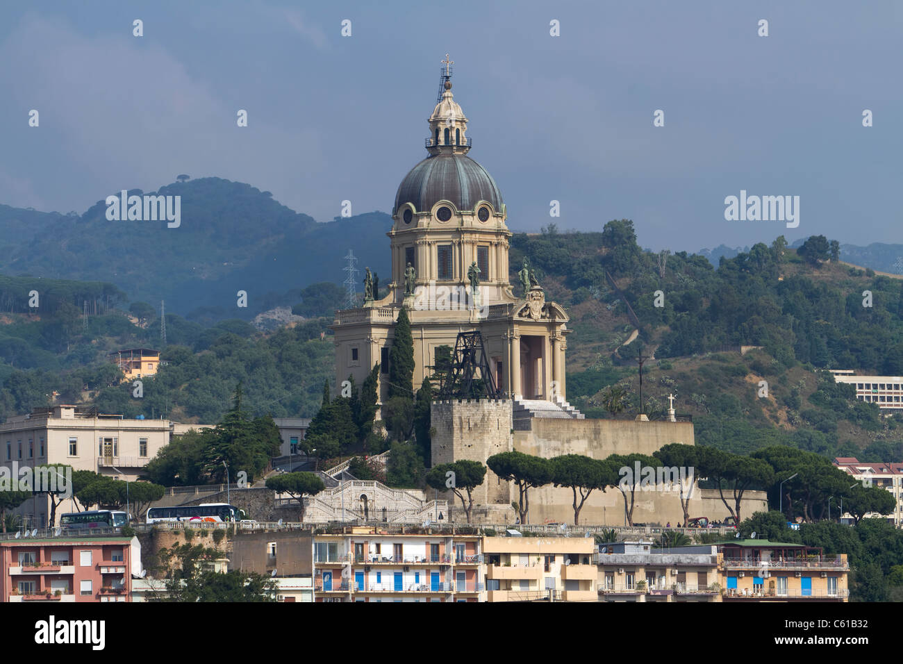 Messina Italy Temple of Christ the King sits high on mountain hill overlooking the city and Mediterranean Sea. Stock Photo