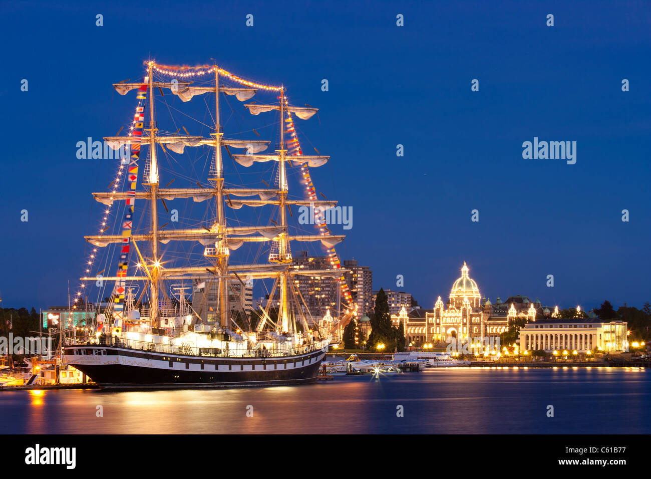 Russian tall ship Pallada berthed at inner harbour at dusk-Victoria, British Columbia, Canada. Stock Photo
