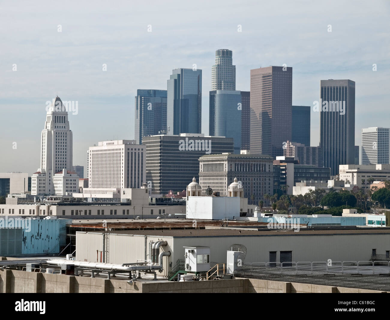 View across rooftops towards the Civic Center in downtown Los Angeles