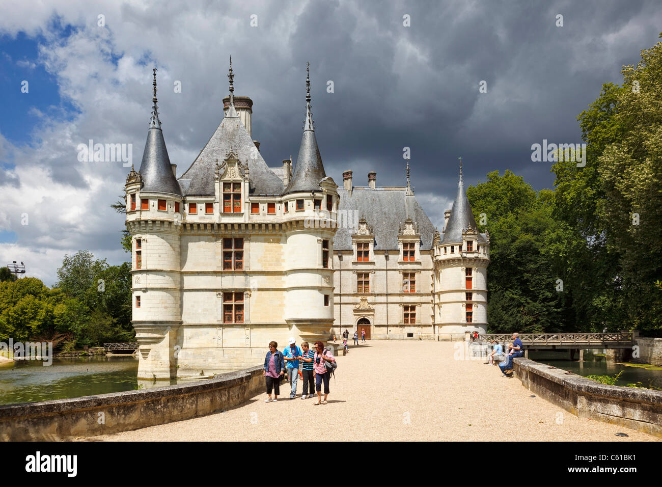The Loire chateau at Azay le Rideau, Indre et Loire valley, France, Europe with tourists sightseeing in summer Stock Photo