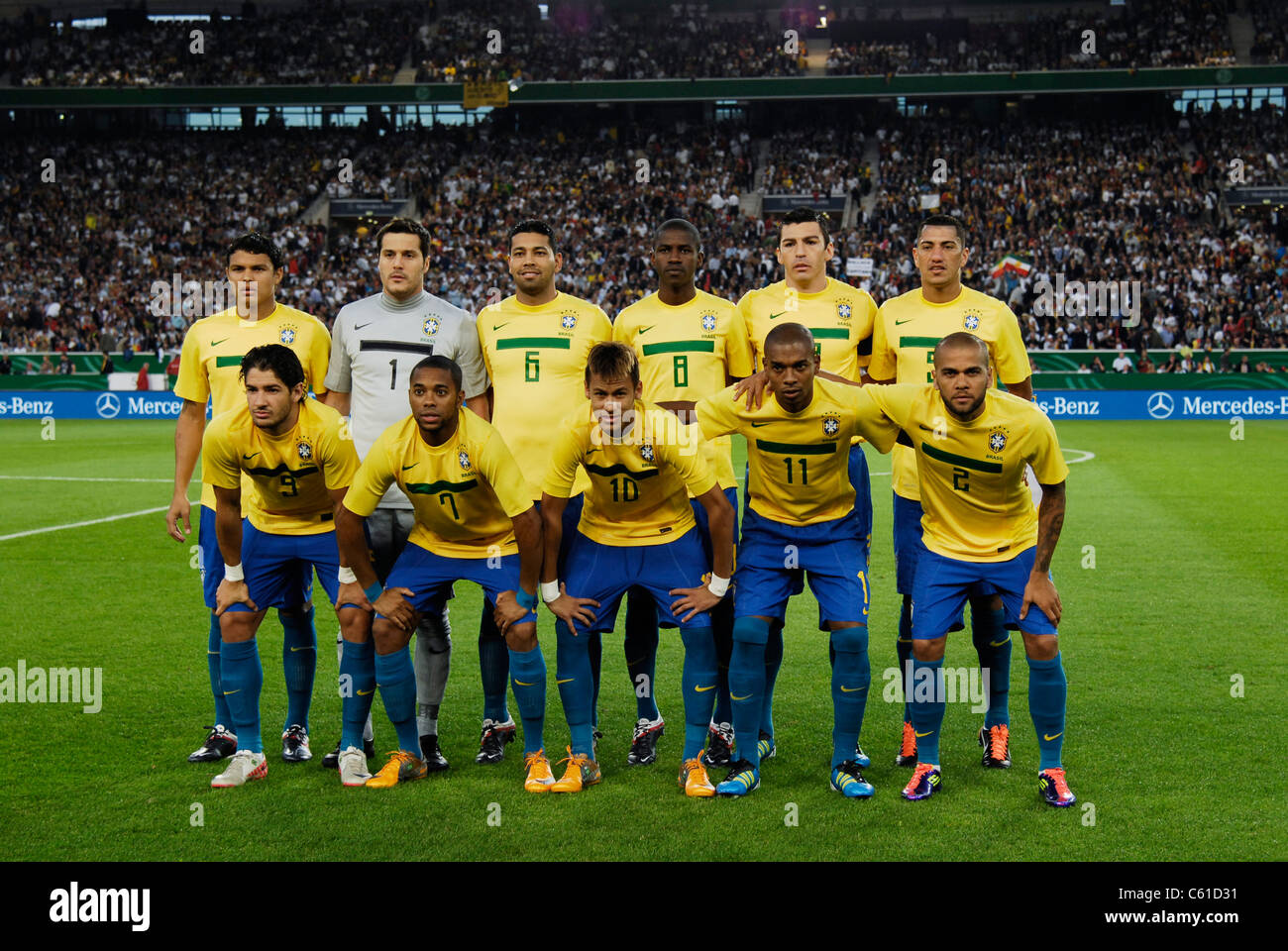 Mercedes-Benz Arena Stuttgart Germany  10.8.2011, Football: international friendly, Germany vs Brazil 3:2 --- Brazil National Team, back row from left Thiago Silva ; Towart Julio Cesar ; Andre Santos ; Ramires Nascimiento ; Lucio, Lucimar Ferreira ; Ralf Teles , front row from left:  Alexandre Pato (Alexandre Silva) ; Robinho, Robson Souza; Neymar Santos Junior ; Fernandinho, Fernando Roza ; Daniel (Dani) Alves Stock Photo