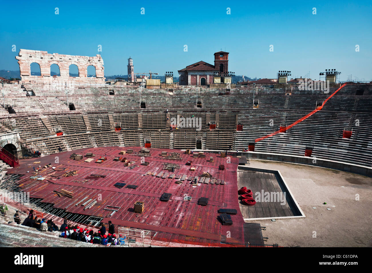 Setting up the Roman Amphitheater in Verona, Italy Stock Photo