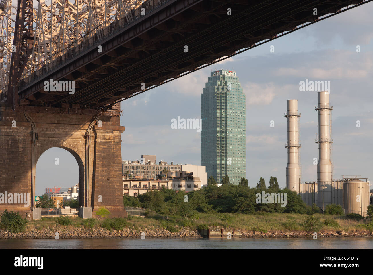 The Citibank Building in Long Island City, Queens seen under the Queensboro Bridge from Roosevelt Island in New York City. Stock Photo