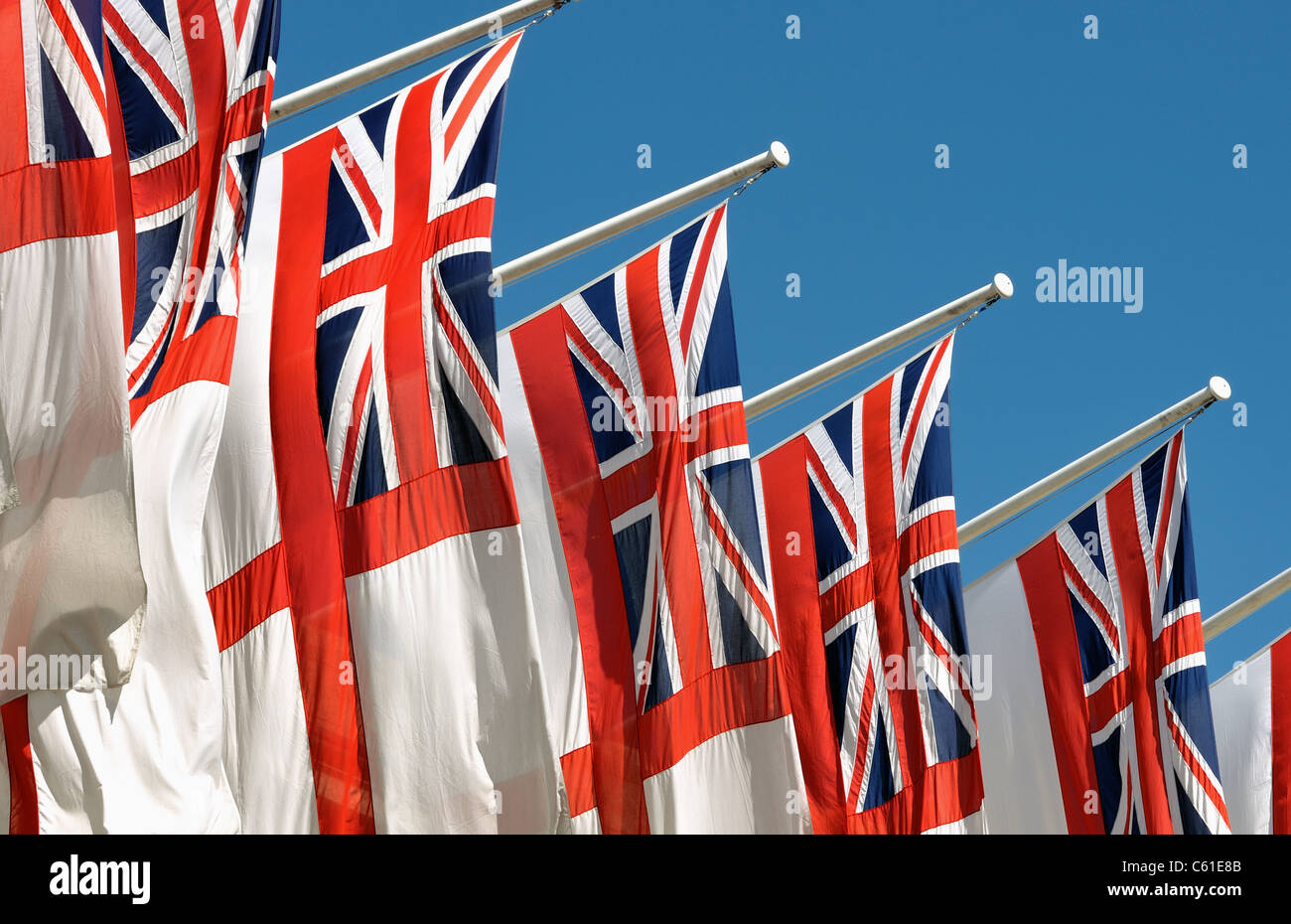 Royal Navy White Ensign flags fly on the Mall, London Stock Photo