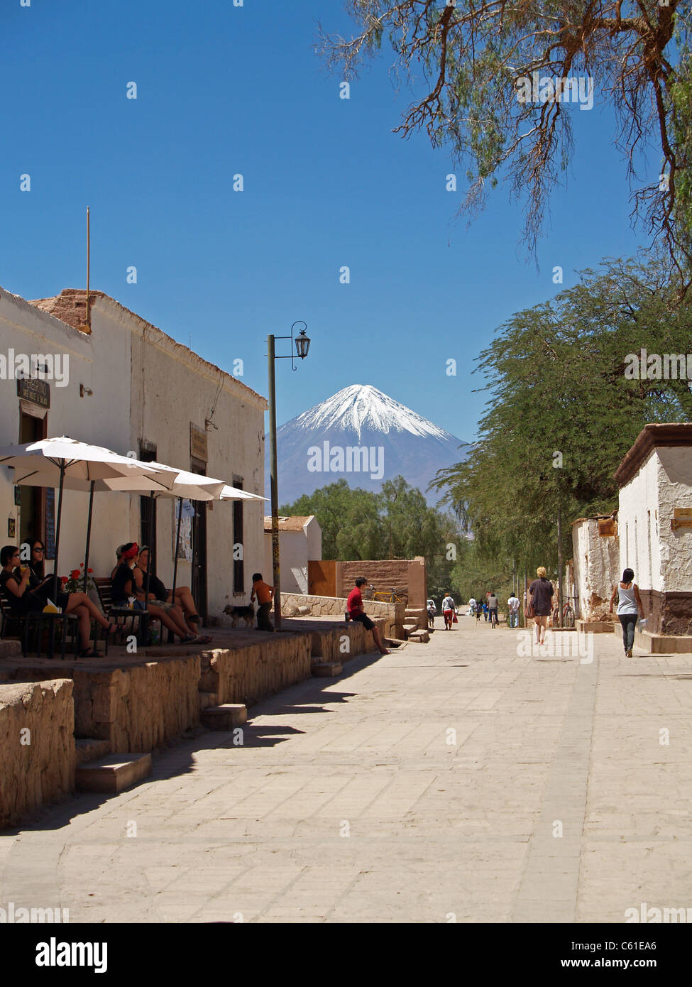 Gustavo le Paige street in San Pedro de Atacama, Vulcan Lincancabur,Chile Stock Photo