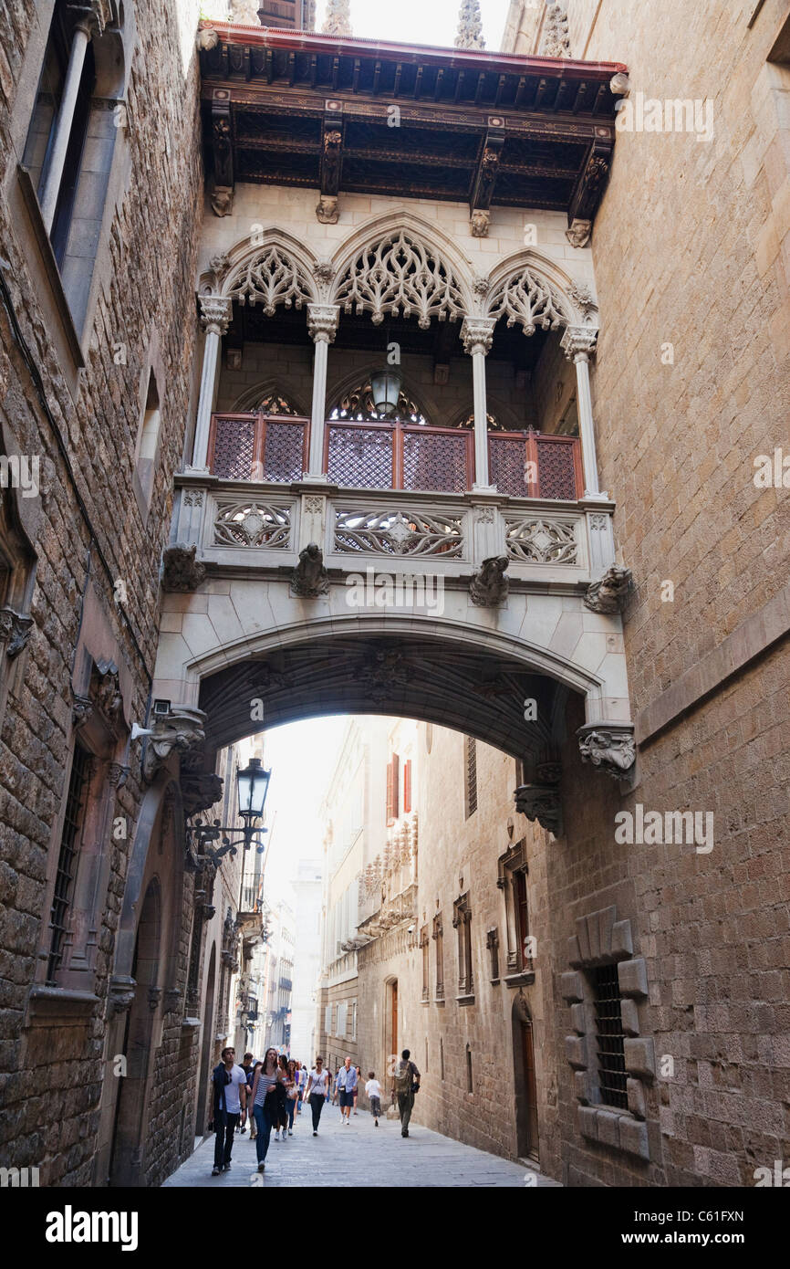 Spain, Barcelona, The Gothic Quarter, Bridge in Street Stock