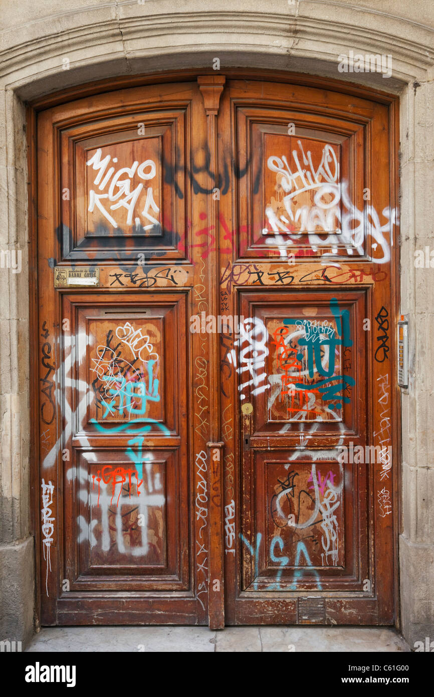 Spain, Barcelona, The Gothic Quarter, Graffitti Stock Photo
