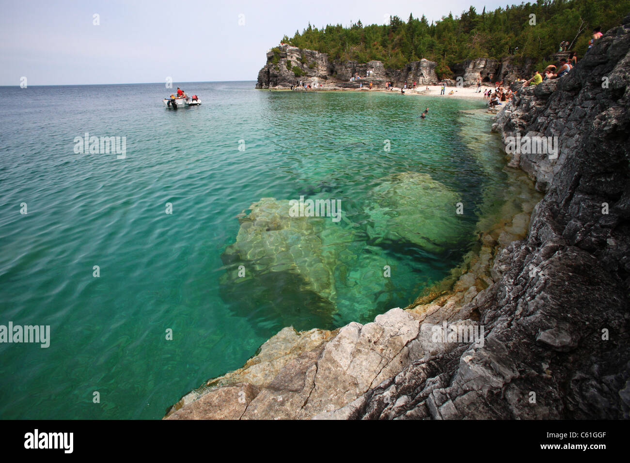 Rock formation and shoreline in Tobermory, bay, Ontario Stock