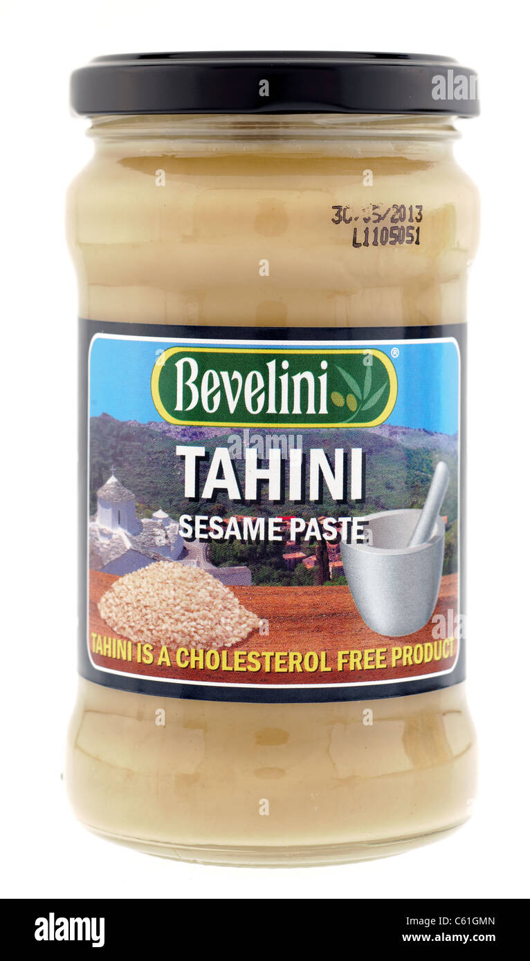 Glass jar container of Bevelini Tahini sesame seed paste Stock Photo