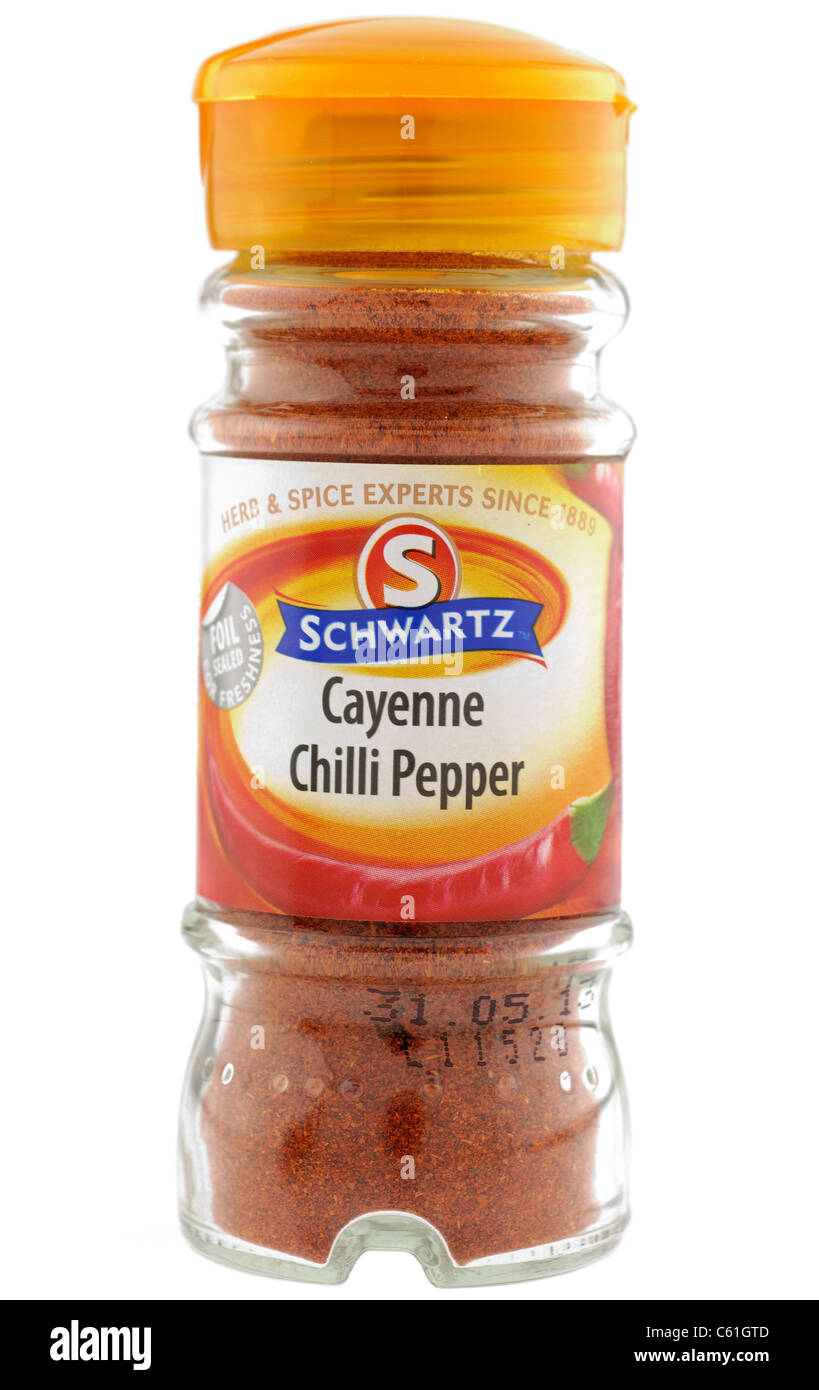 Glass container of Schwartz Cayenne chilli pepper Stock Photo