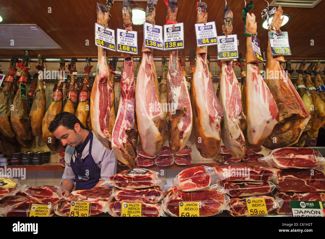 Spain, Barcelona, Las Ramblas, La Boqueria Market, Spanish Hams Stock Photo