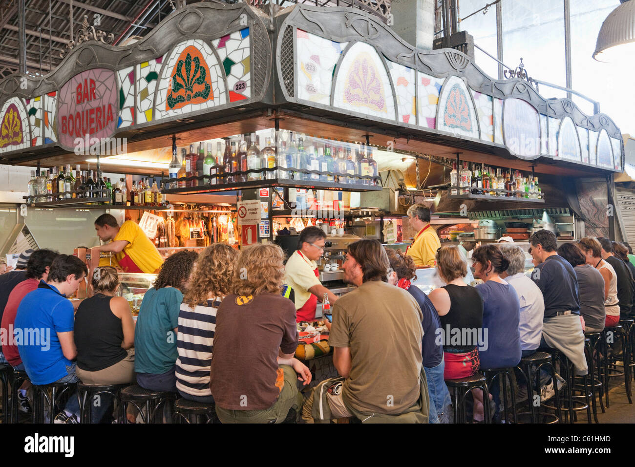 Spain, Barcelona, Las Ramblas, La Boqueria Market, Drinks and Tapas Bar