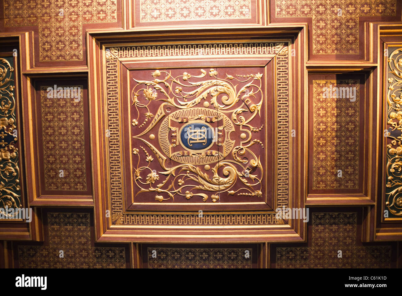 France, Loire Valley, Blois Castle, The Kings' Apartments, Ceiling Panel Detail in The Study Stock Photo