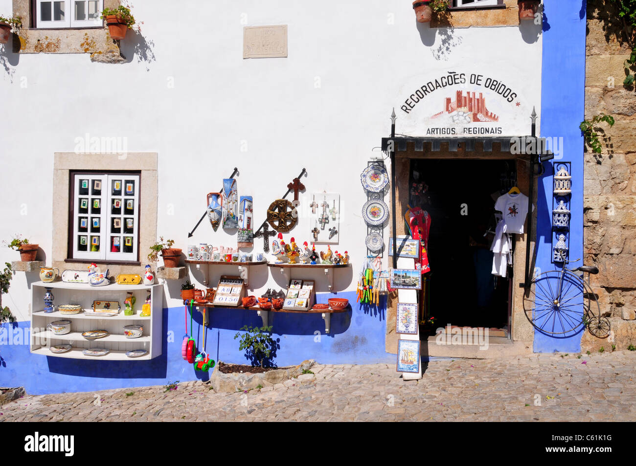 Shop front in the medieval town of Obidos some 50 miles north of Lisbon, Portugal Stock Photo