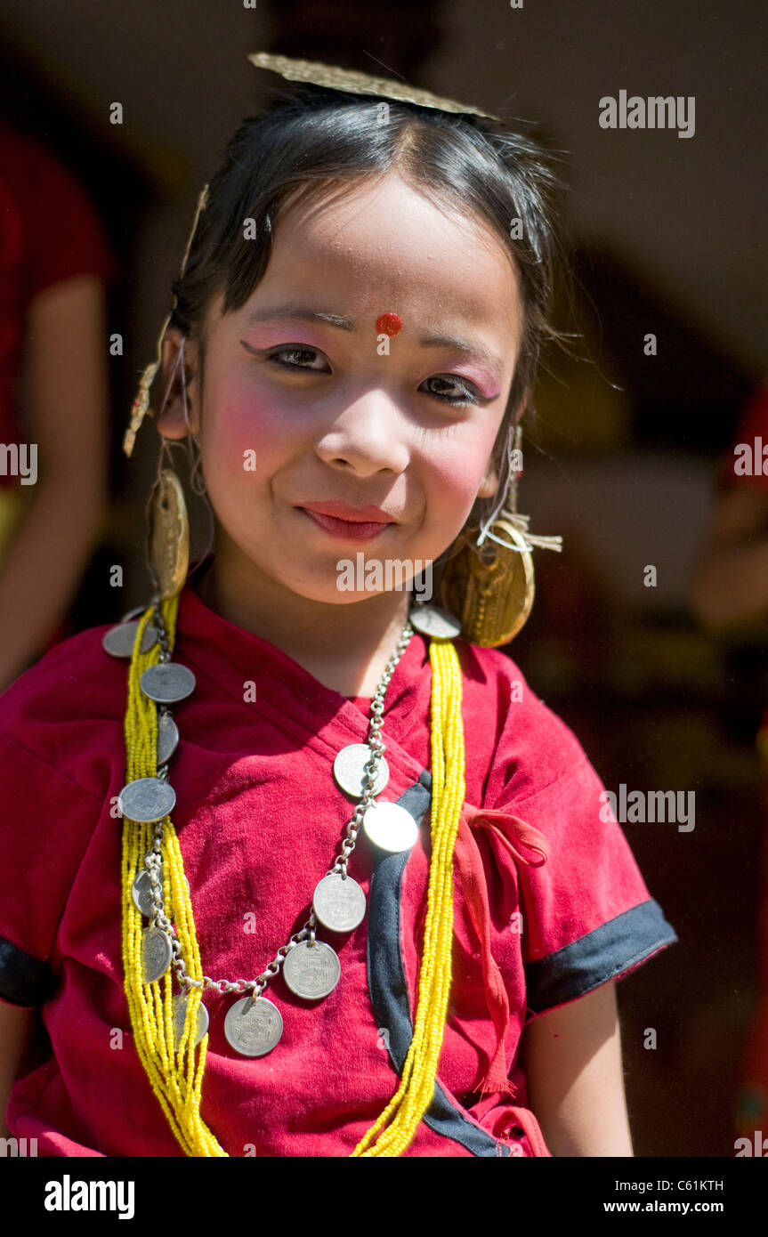 Girl representing the Gurung cast during the Shiva Festival in Bhakatapur, Kathmandu Valley Stock Photo