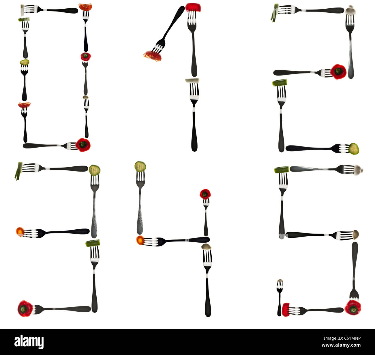 0 to 5 digits made of cut food in forks Stock Photo Alamy