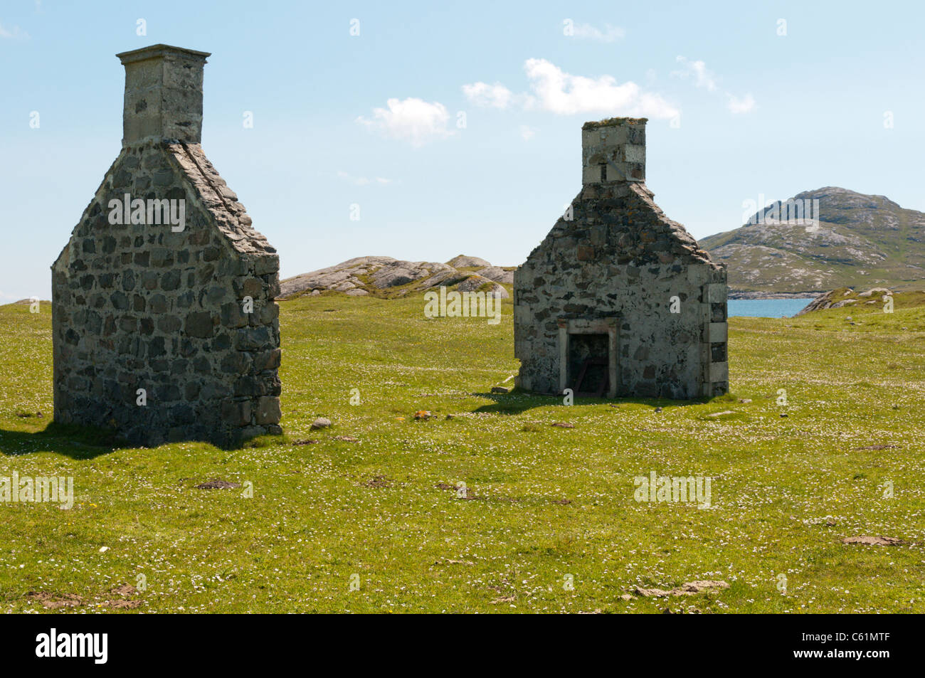 The abandoned village of Eòrasdail on the island of Vatersay in the Outer Hebrides. Stock Photo