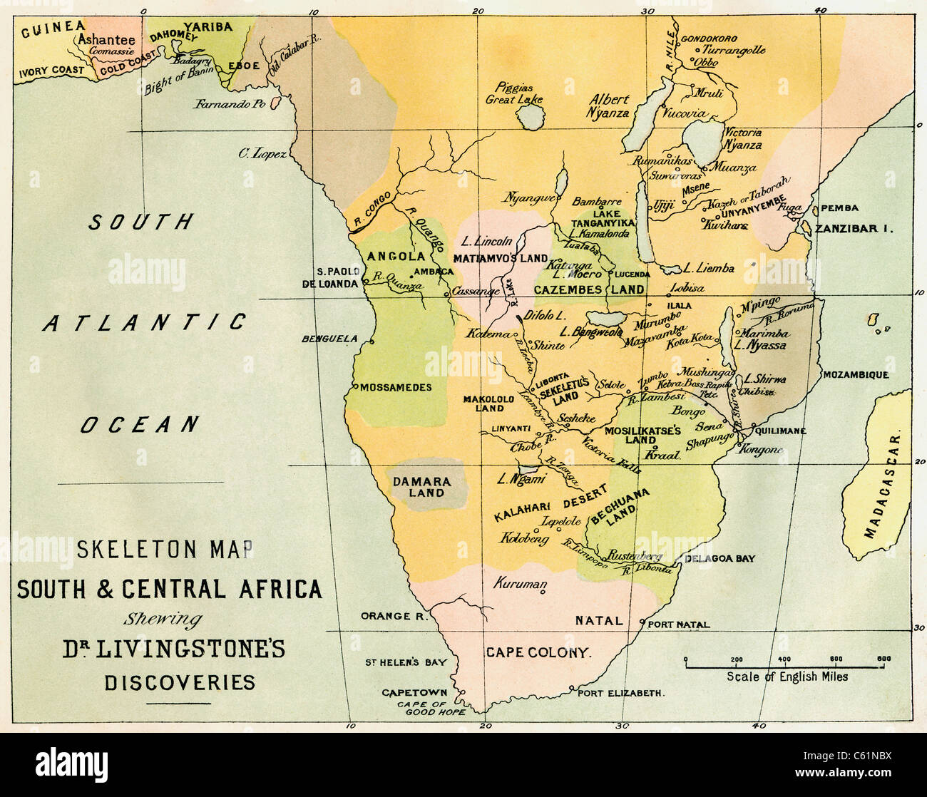 Skeleton map of South and Central Africa showing David Livingstone's discoveries. Stock Photo