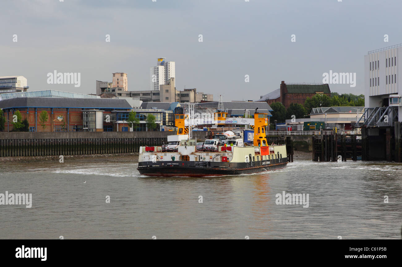 Woolwich Ferry crossing the river Thames, London, England, UK, GB Stock