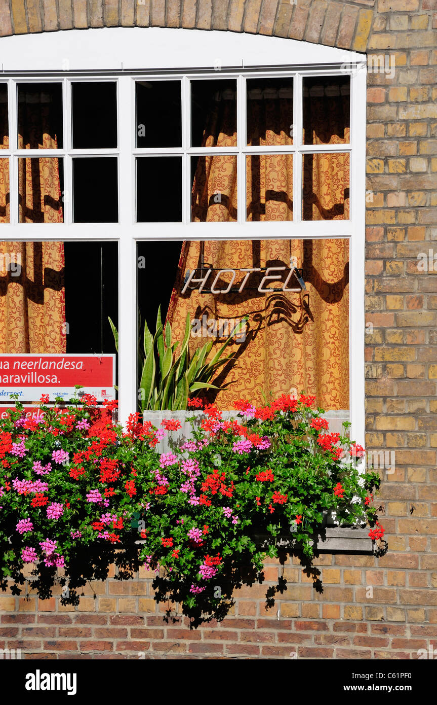 Bruges / Brugge, Flanders, Belgium. Hotel window with flowers Stock