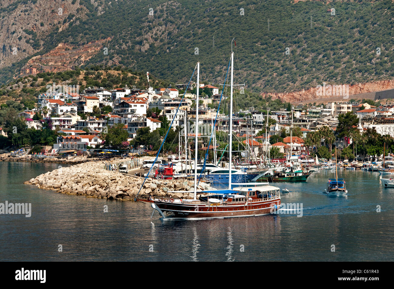 Kas Turkish Turkey port harbor boat vessel Stock Photo