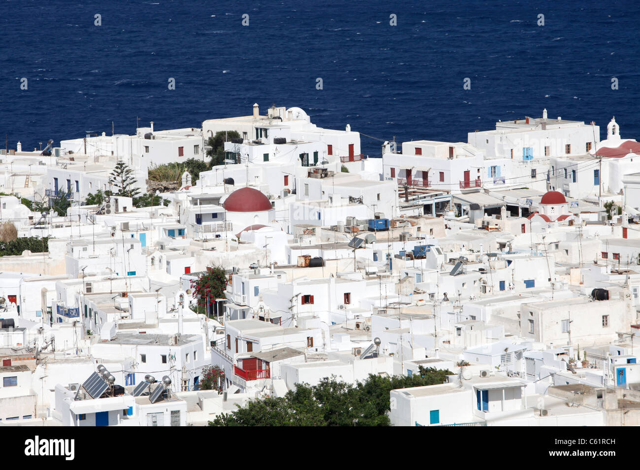 Mykonos, Greek island, part of the Cyclades. View over Mykonos city, old town and bay. Stock Photo