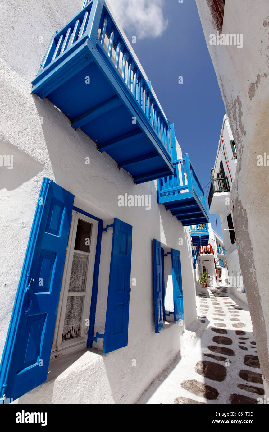 Old town, typical white and blue colors, Mediterranean island Mykonos, Greece, Europe. Stock Photo