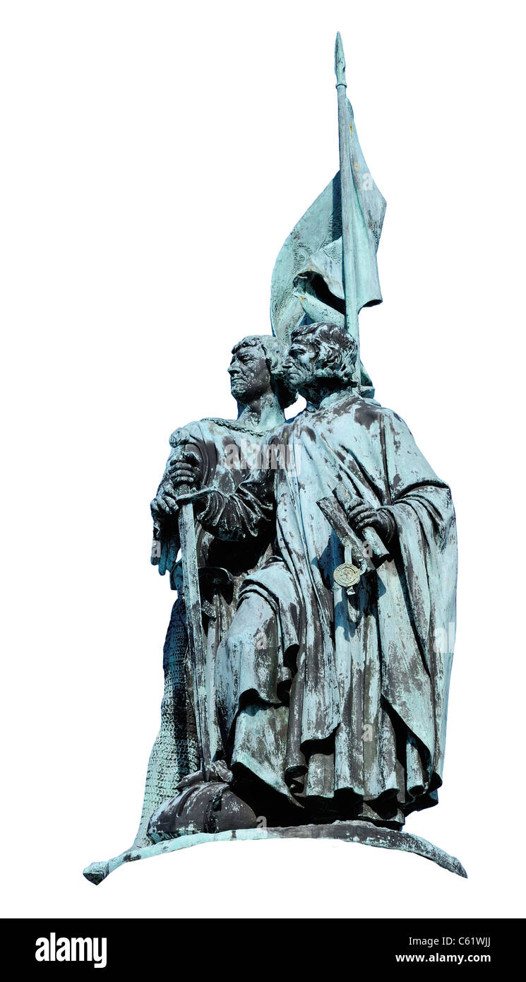 Bruges / Brugge, Flanders, Belgium. Markt - main market square. Statue of Pieter de Coninck and Jan Breidel Stock Photo