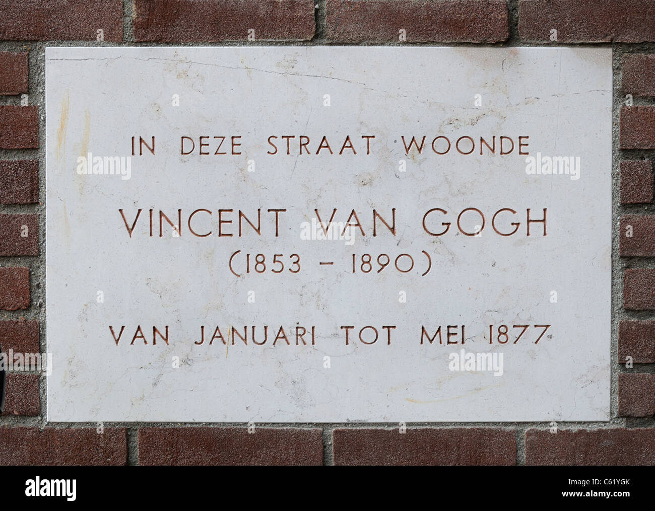 Dordrecht, Netherlands. Wall plaque, on Tolbrugstraat Waterzijde, showing where Van Gogh lived from January to May 1877. Stock Photo