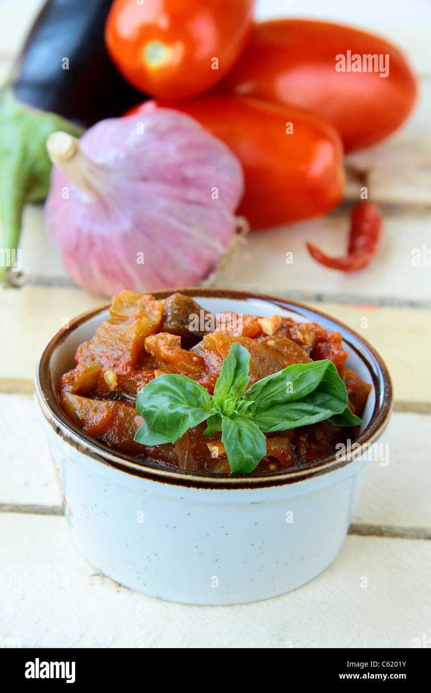 Vegetable terrine of eggplant tomato and garlic Stock Photo