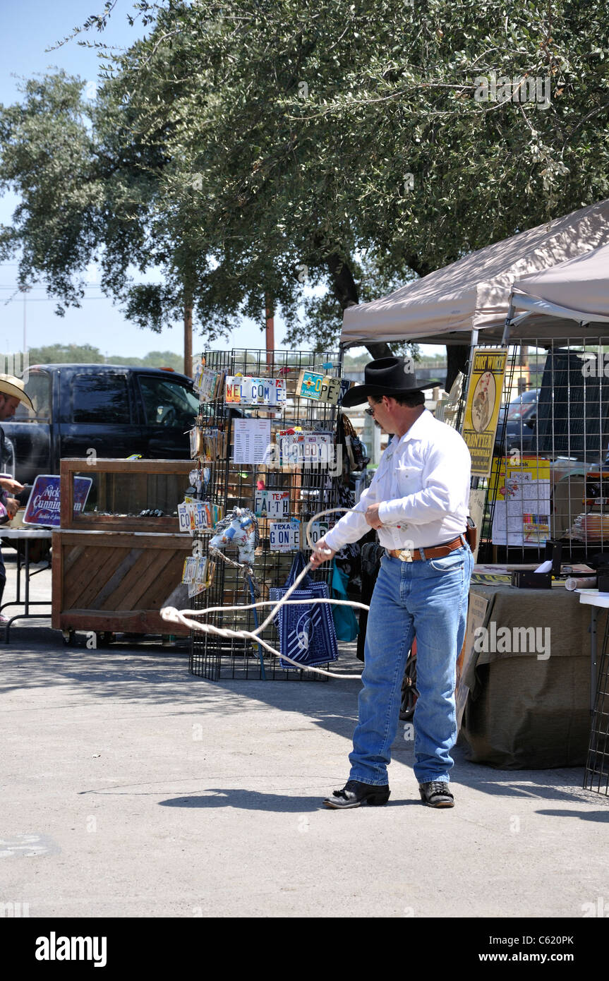 Cowboy with lasso, Stockyards, Fort Worth, Texas, USA Stock Photo