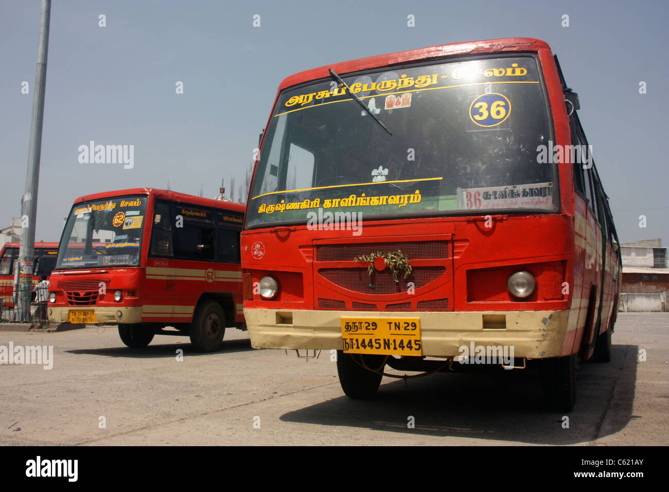 Tamil Nadu State Express bus departing from bus station in Krishnagiri Tamil Nadu India Stock Photo