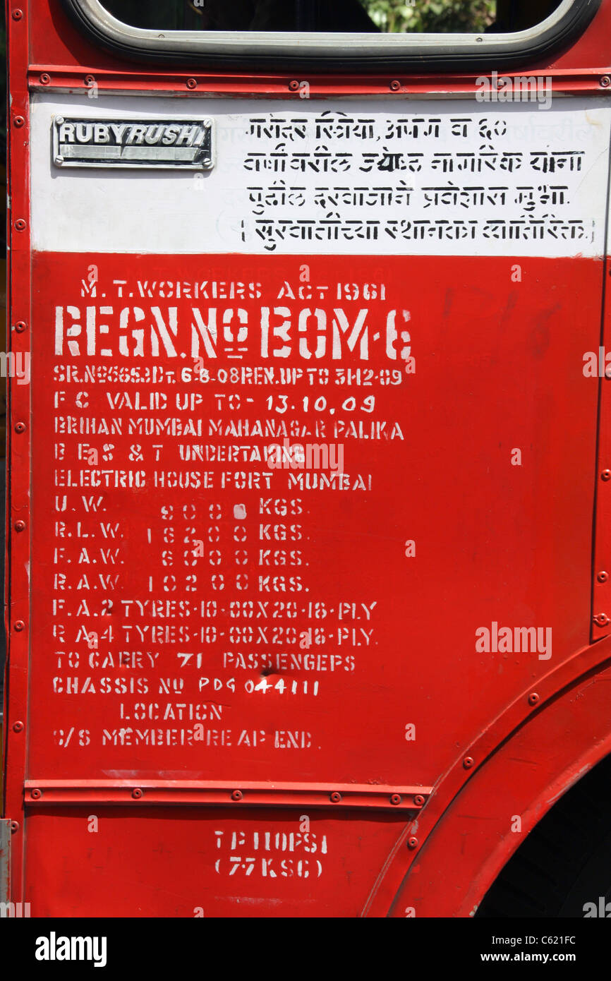 Detail of Municipal Corporation motor transport permit on Mumbai bus giving details of weight passenger limit vehicle number etc Stock Photo