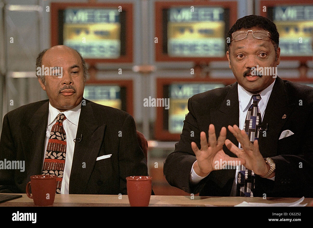 Former Presidential candidate Rev. Jesse Jackson (R) and Ward Connerly discuss affirmative action Stock Photo