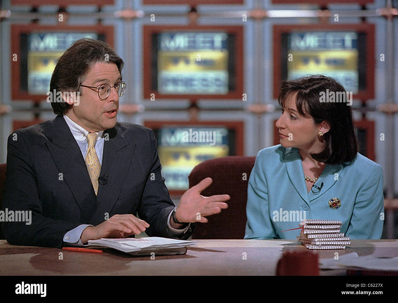 New York Magazine editor Rick Hertzberg and reporter Jane Mayer on NBC's 'Meet the Press' May25, 1997 in Washington, DC Stock Photo