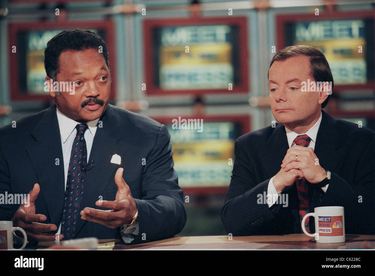 Rev. Jesse Jackson comments on the upcoming elections as conservative activist Gary Bauer looks on Stock Photo