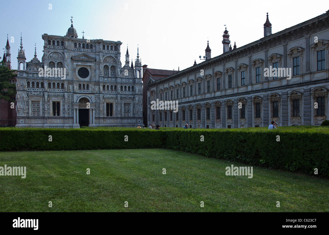 Italy, Pavia, La Certosa, the large square with the Church and the Ducale Palace Stock Photo