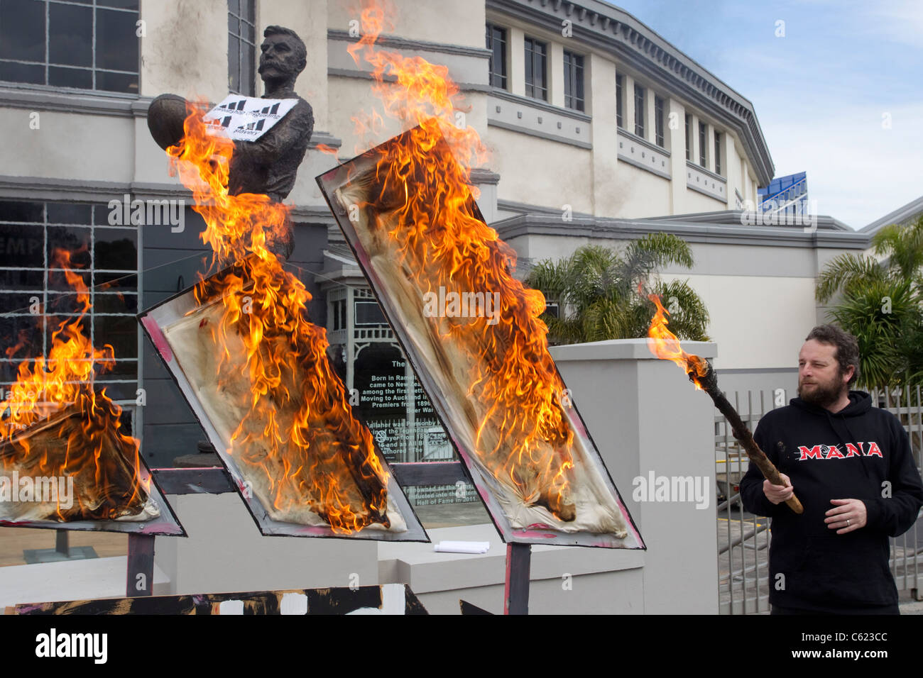 Demonstrators set fire to mock Adidas Logo's and Boxes to protest against Adidas pricing of All Black Rugby Shirts Stock Photo
