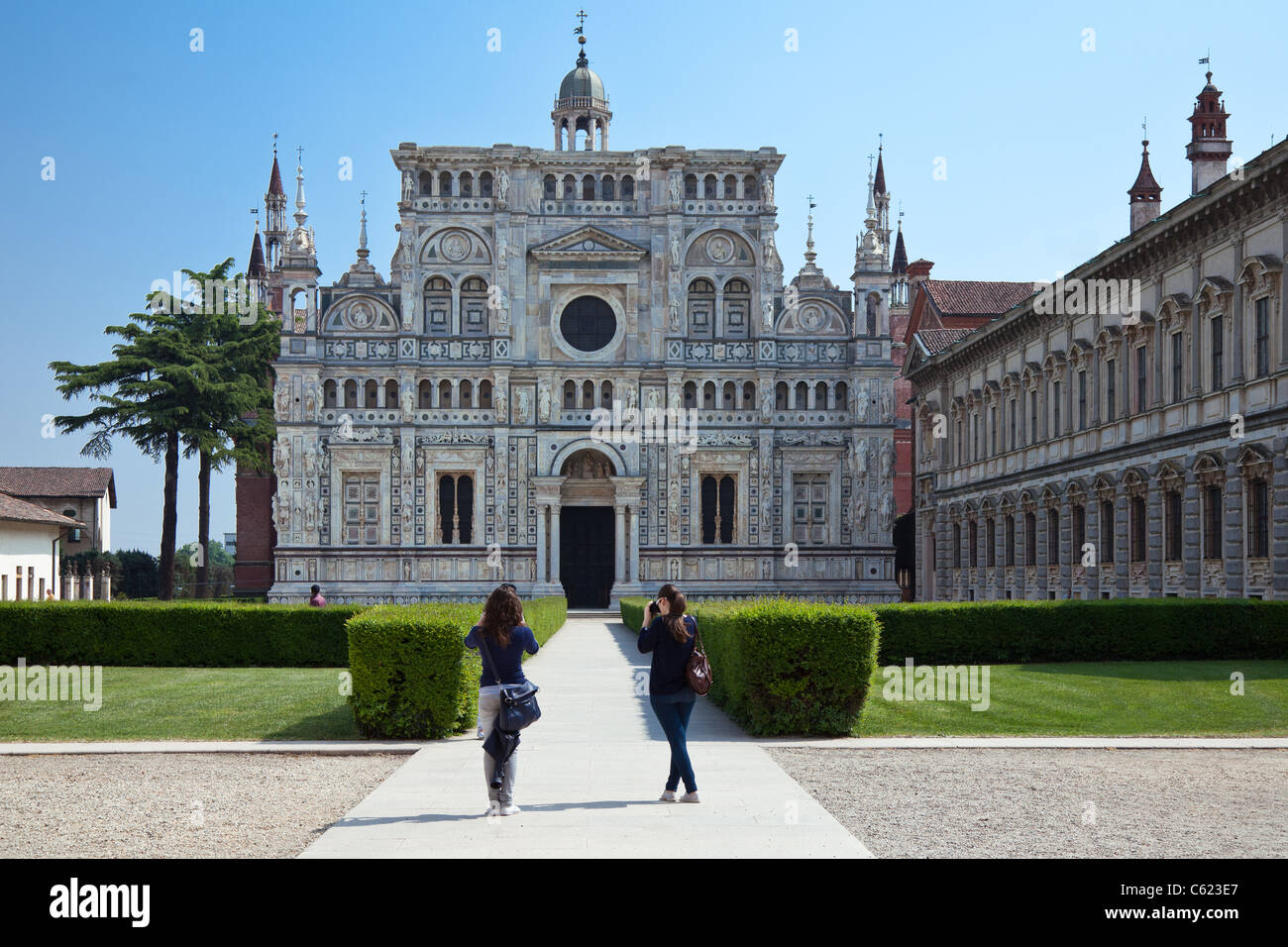 Italy, Pavia, La Certosa, the large square with the Church and the Ducale Palace Stock Photo