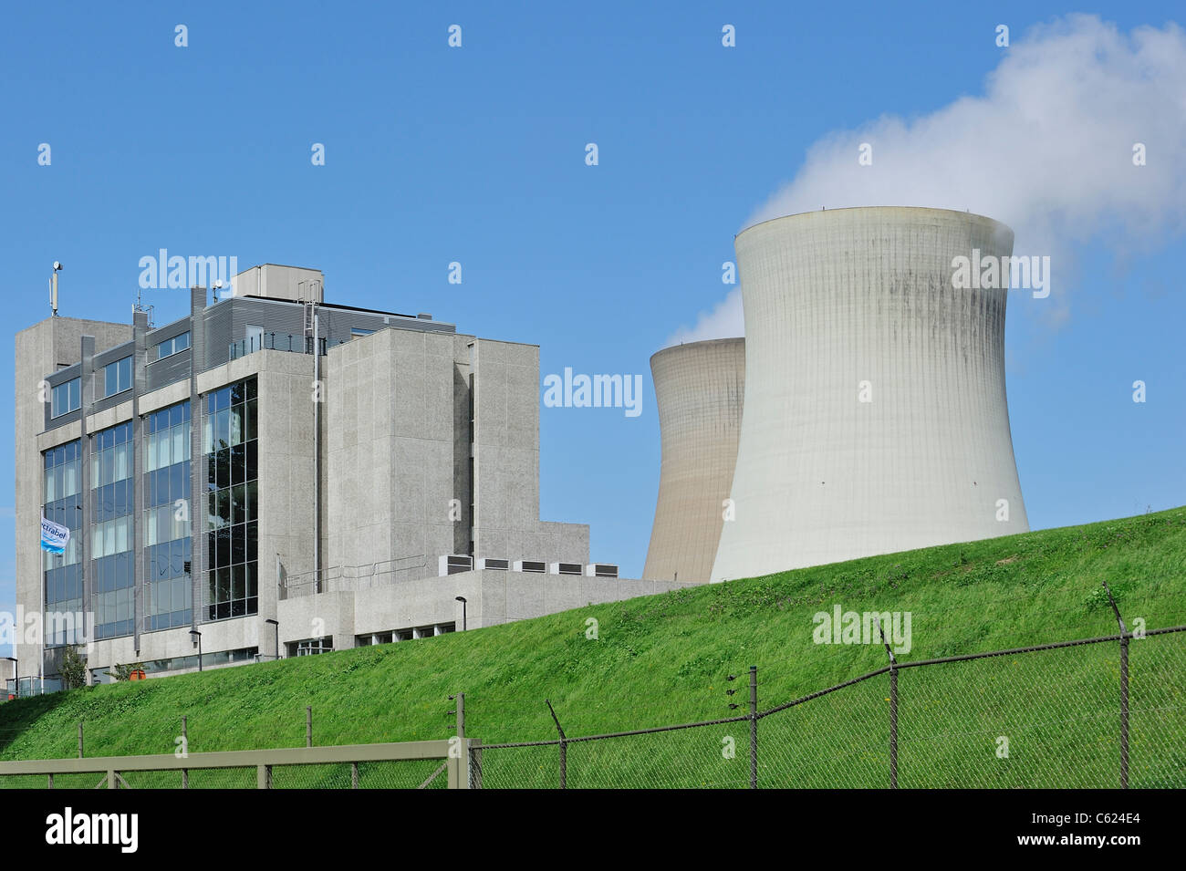 Cooling towers of the Doel Nuclear Power Plant along the river Scheldt at Kieldrecht / Beveren, Belgium Stock Photo
