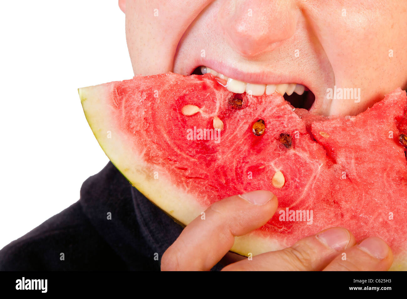 Man eating watermelon slice isolated on white Stock Photo