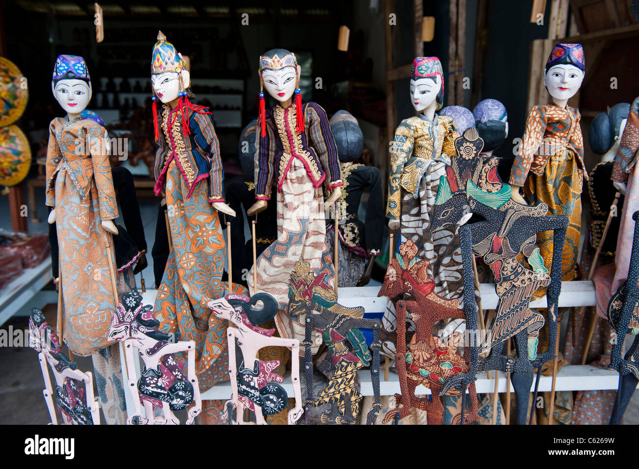Balinese Puppets for sale on a Market Stall near Besakih Temple, Bali Stock Photo