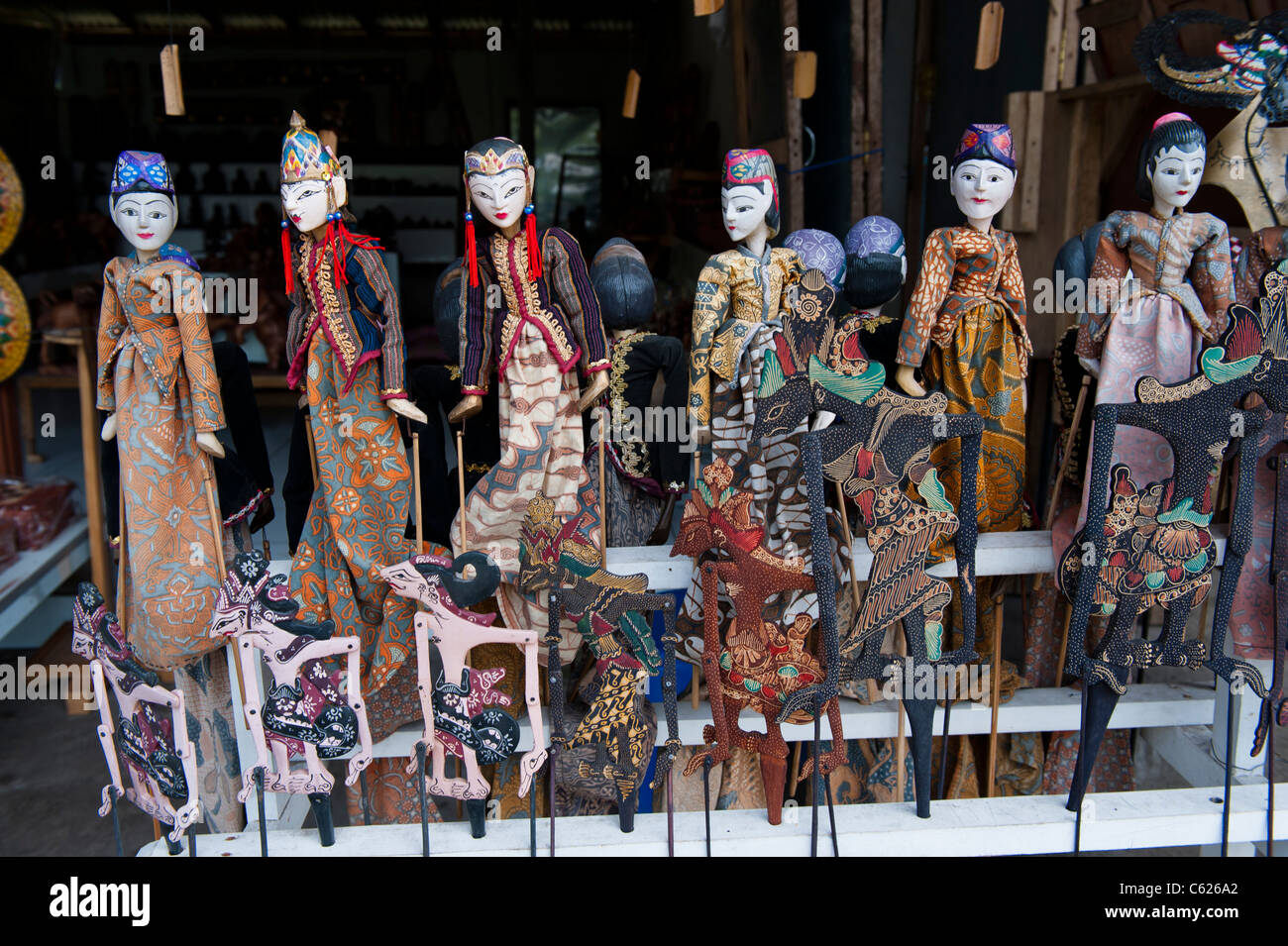 Balinese Puppets for sale on a Market Stall near Besakih Temple, Bali Stock Photo