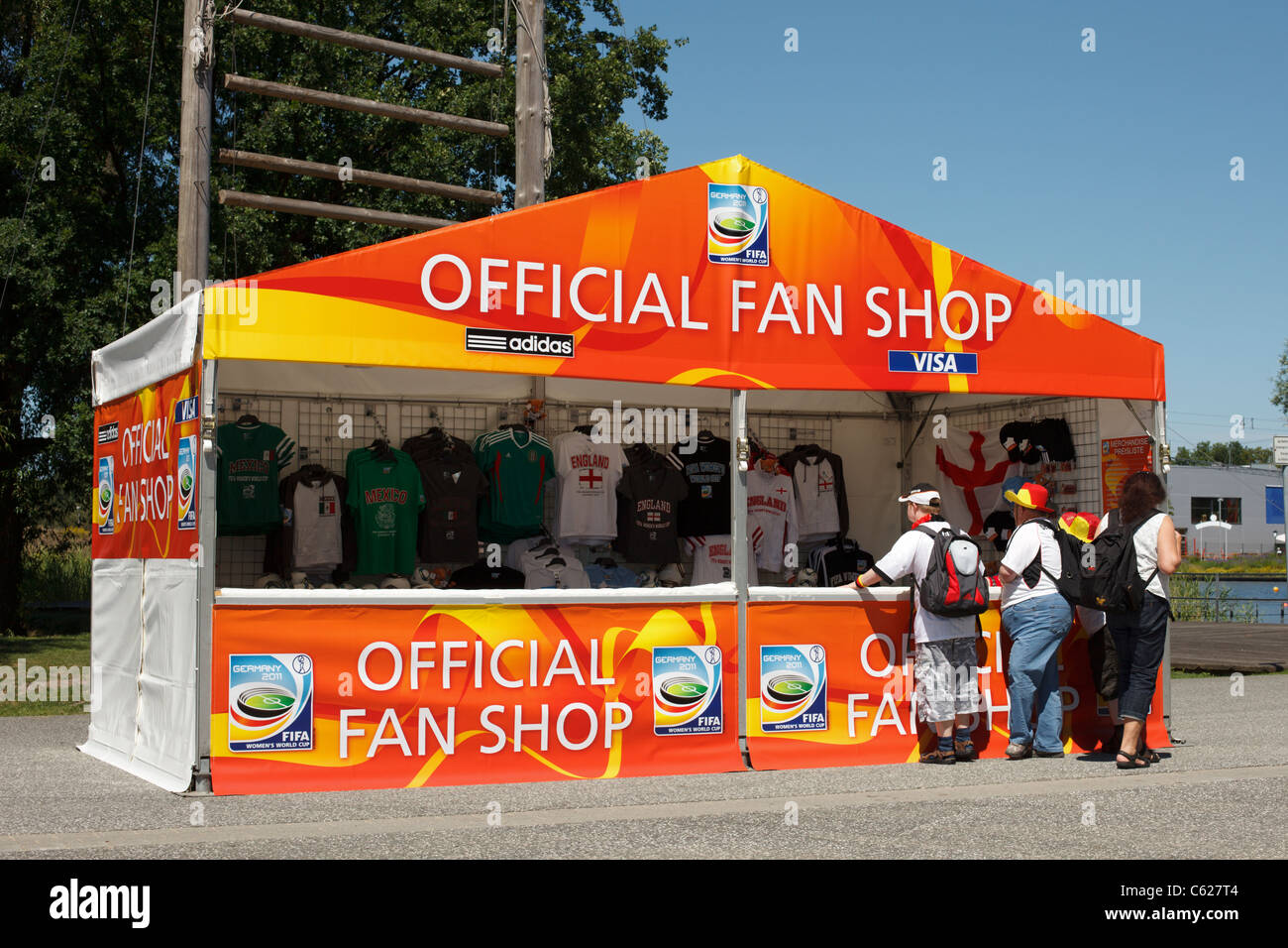 A kiosk displays merchandise for sale at Arena Im Allerpark in Wolfsburg, Germany ahead of a 2011 FIFA Women's World Cup match. Stock Photo