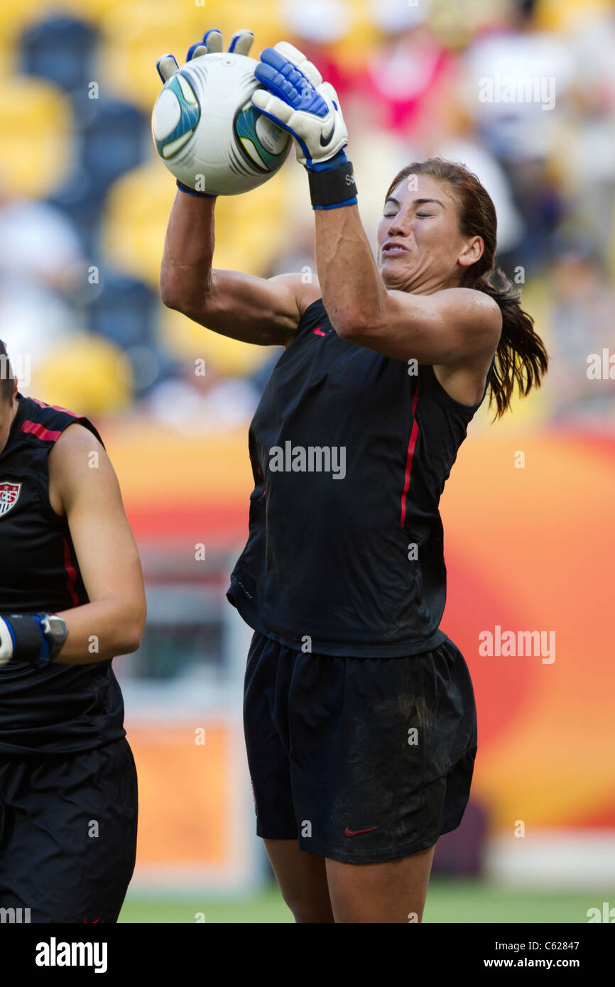 United States goalkeeper Hope Solo makes a save during team warmups prior to a 2011 Women's World Cup match against North Korea. Stock Photo