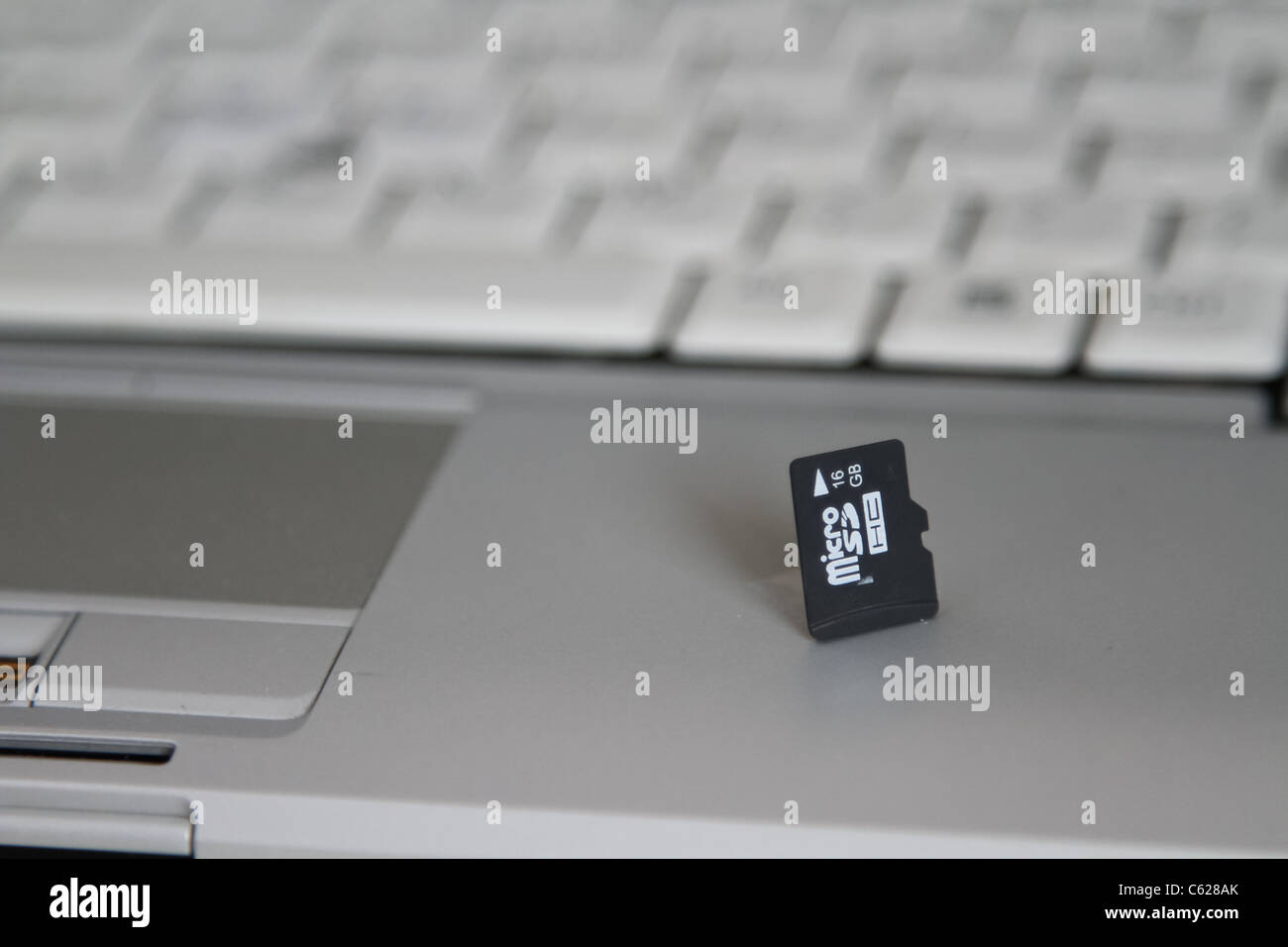 small tiny memory chip card 'micro sd' laptop Stock Photo
