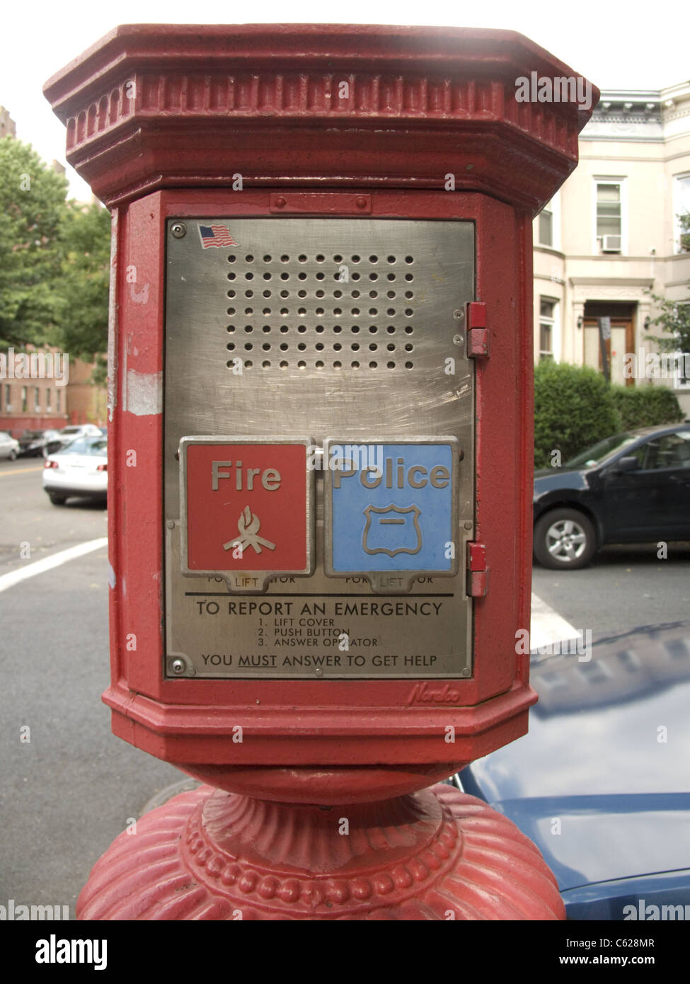 Police and Fire emergency call box. Kensington neighborhood, Brooklyn, New York. Stock Photo