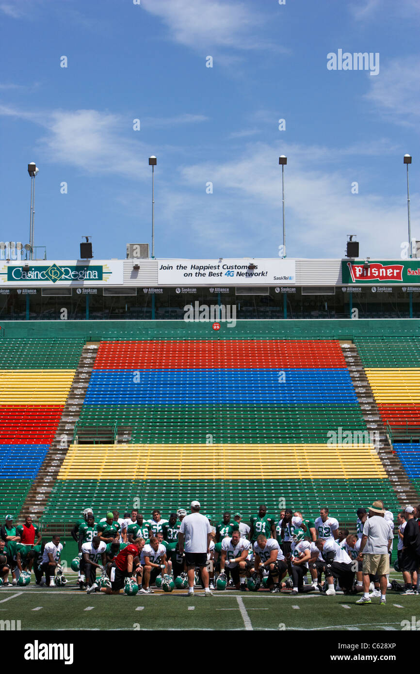 Coach Talking To Assembled Saskatchewan Roughriders Pre Season Training Mosaic Stadium Taylor Field Regina Canada Stock Photo Alamy