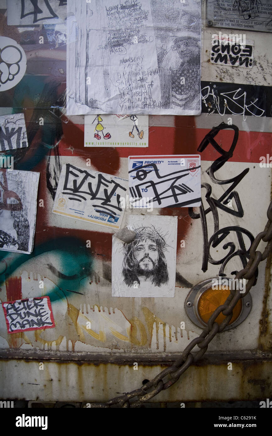 Mixed Media, Wall on a street in Brooklyn, NY. Stock Photo